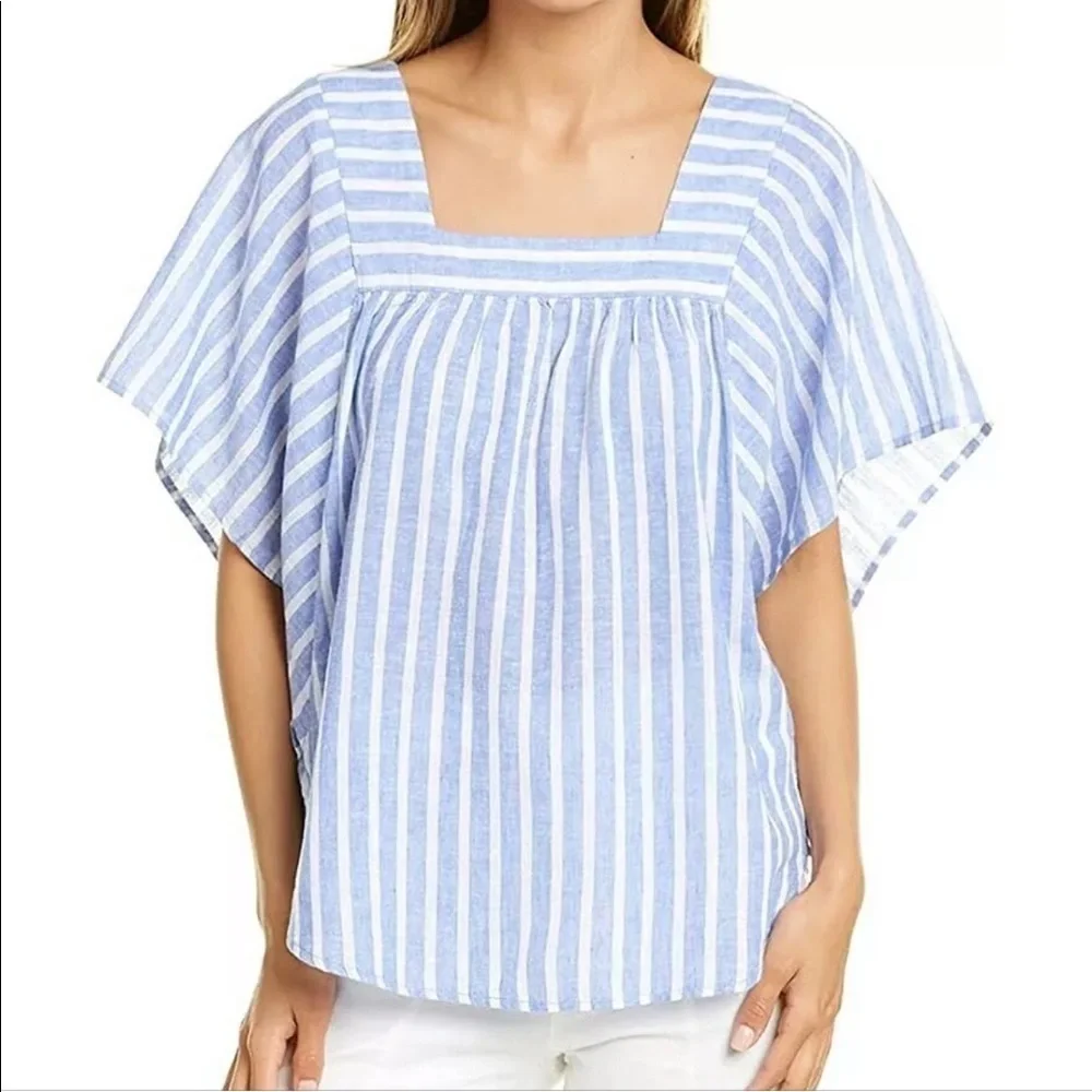 Beach Lunch Lounge | Zoey  Linen Top Womens Size M Blue Stripe Square Neck